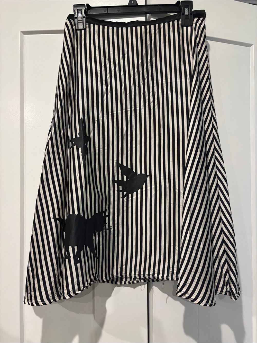 Eva Franco Black and White Striped A-Line Skirt with Bird Motif